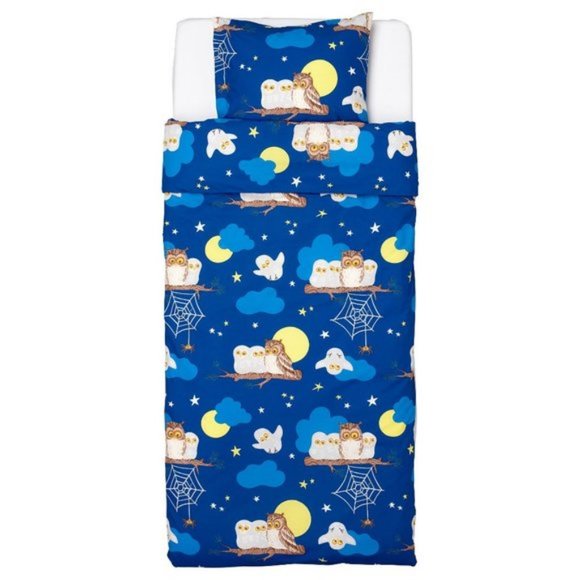 IKEA Vandring Uggla Twin Duvet Cover & Pillowcase Blue Moon Owls Clouds Spider - Picture 1 of 10